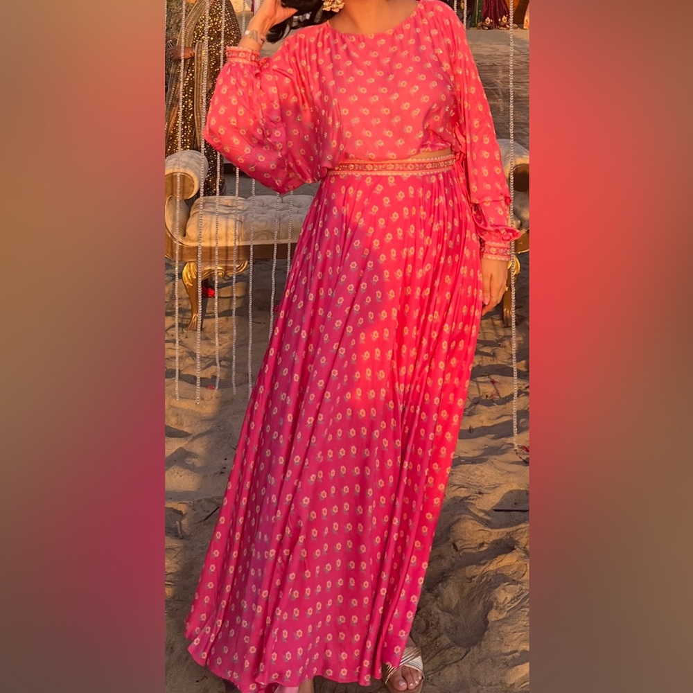 Kalki Rose Pink Crop Top And Skirt With Floral Print (2 Pieces)